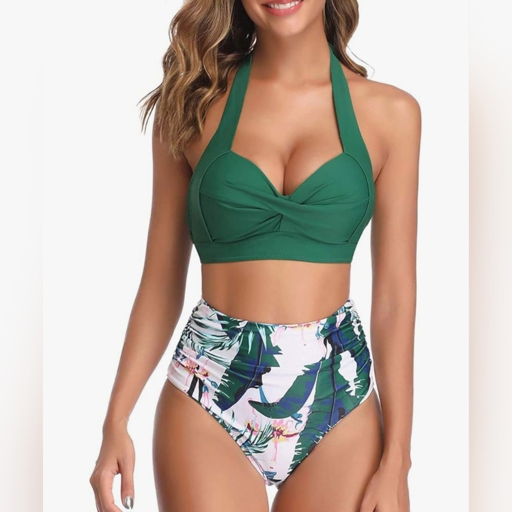 Tempt Me Plus Size Tropical High Waisted Bikini Bottoms, 18W, Green White Floral